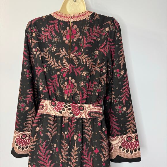 One September Jumpsuit  Wide Leg Wrap Bodice Embroidered Black Burgundy Boho XS - Picture 11 of 14